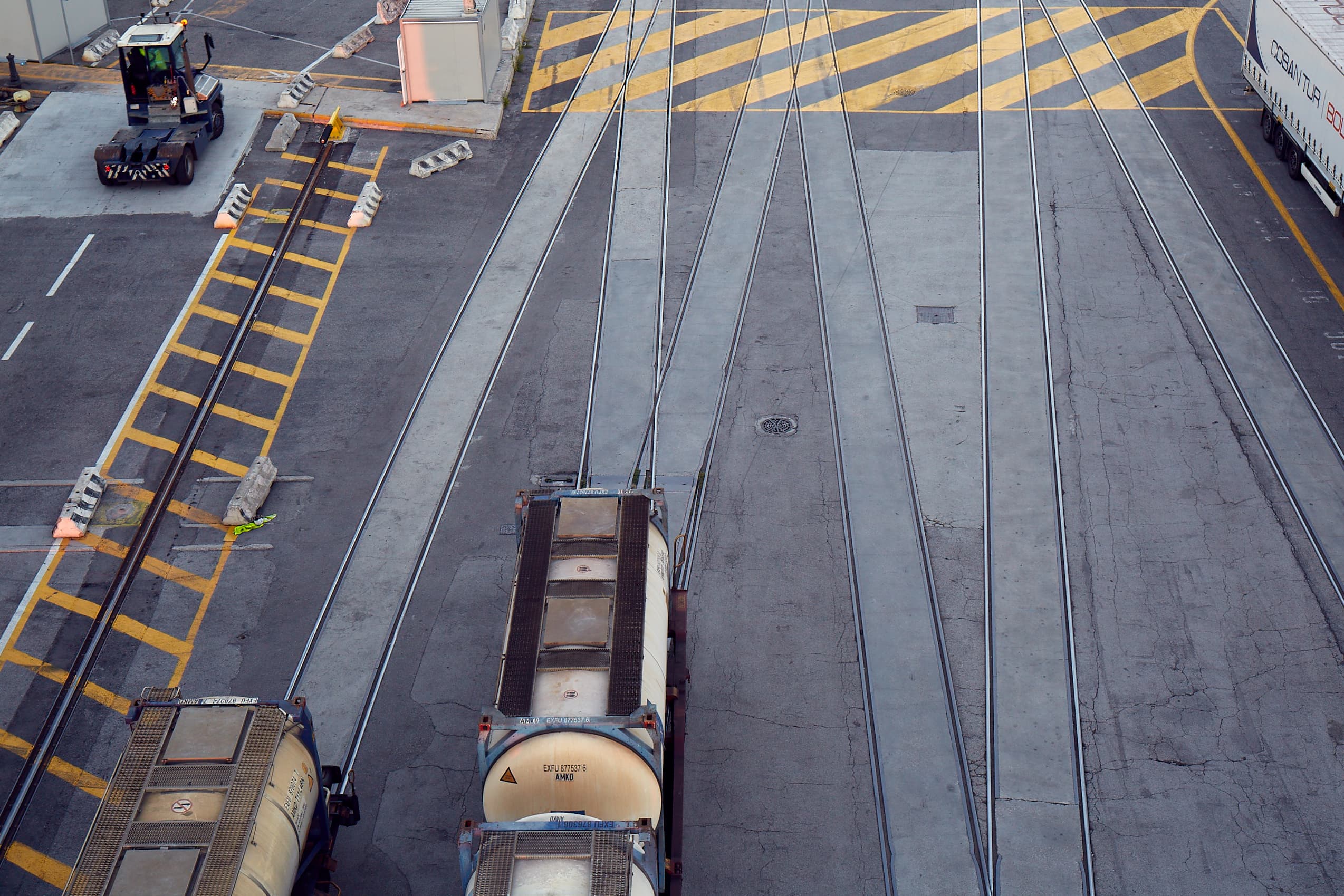 Aerial shot of cargo on rail transport at DFDS' Trieste terminal.