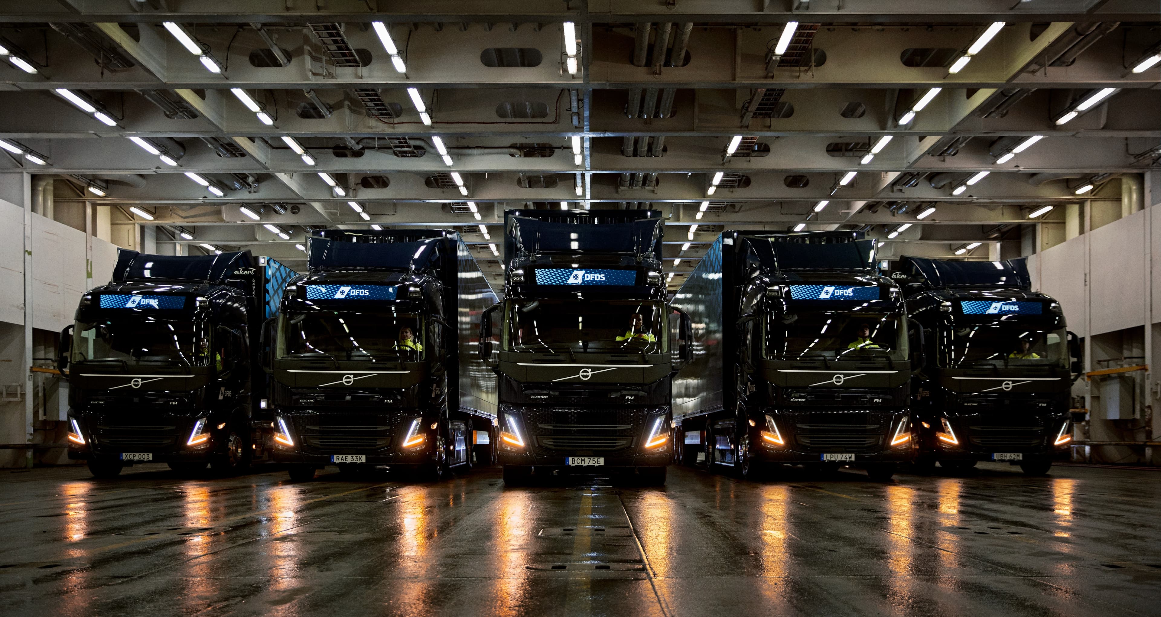 DFDS e-trucks in the hull of our freight ferry ships.