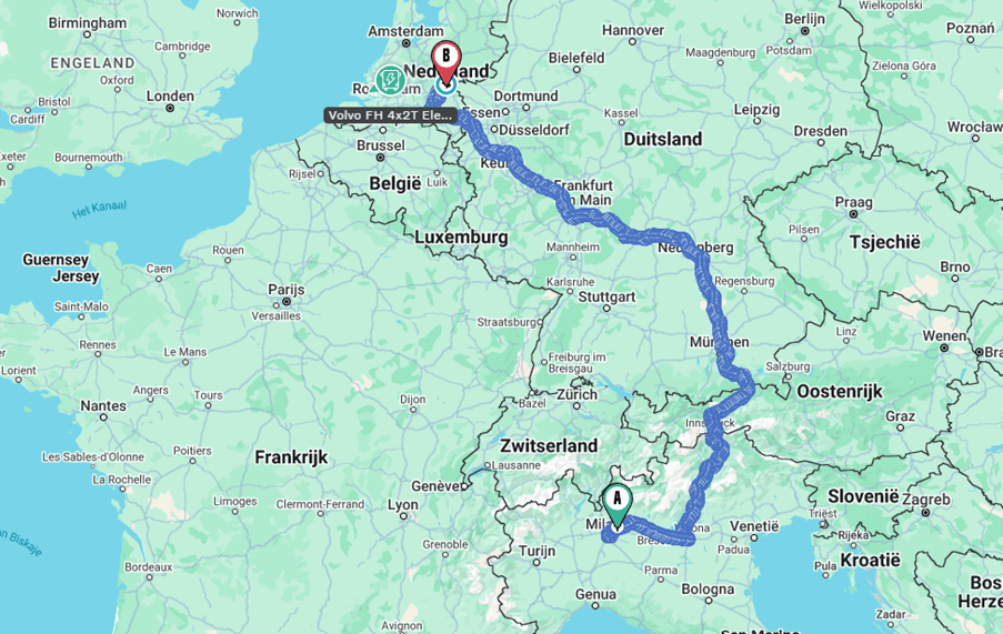 This image shows a map highlighting a long-haul route from Milan, Italy to Eindhoven, Netherlands. The route passes through several European countries, including Germany and Switzerland, illustrating the path taken for a cross-border electric truck journey aimed at reducing transport emissions.
